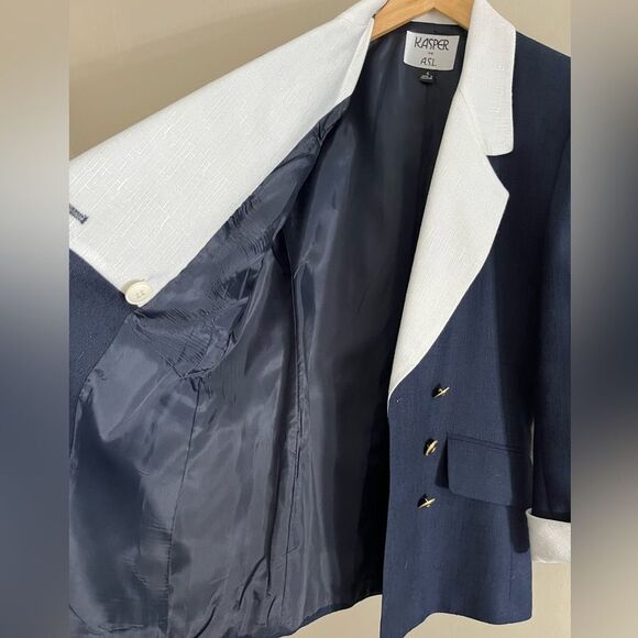Vintage Kasper Navy White Skirt Suit Set Gold Buttons Blazer 80s Size 4 - Picture 7 of 15